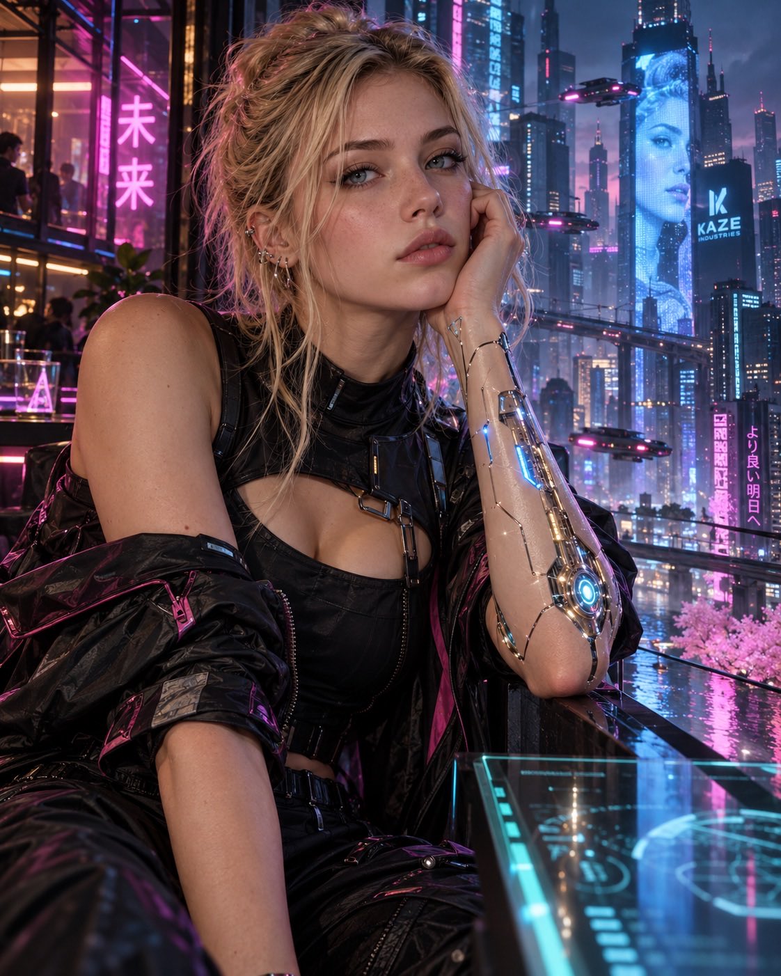 Modèle cyborg dans une ville cyberpunk éclairée de néons